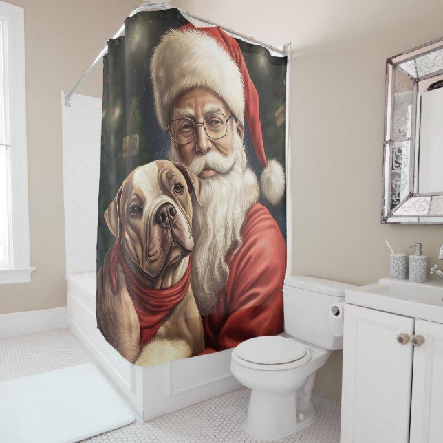American Staffordshire with Santa Claus Christmas Shower Curtain (In Situ)