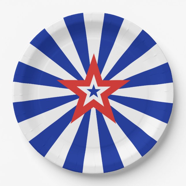 American Star on Radiating Blue and White Stripes Paper Plate (Front)