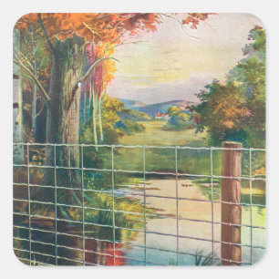 American Steel & Wire Co Fence Roadside Scene Square Sticker