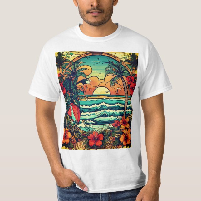 "American Tattoo Style Men's T-Shirt: Sunrise and  T-Shirt (Front)