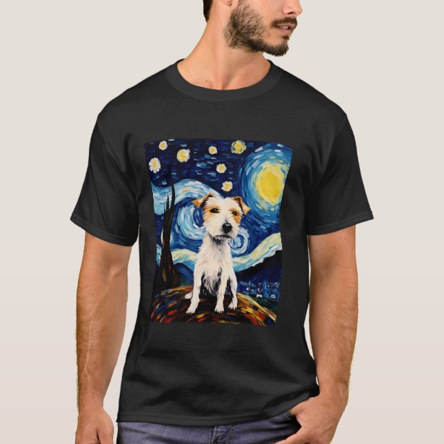 American Terrier Dog Funny Starry Night Van Gogh A T-Shirt (Front)