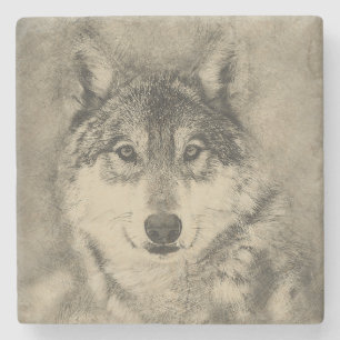 American Timber Wolf Pencil Drawing Stone Coaster