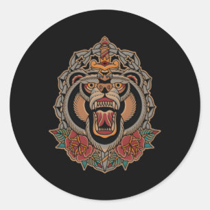 American Traditional Tattoo Flash Bear Old School  Classic Round Sticker