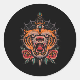 American Traditional Tiger Tattoo Classic Round Sticker