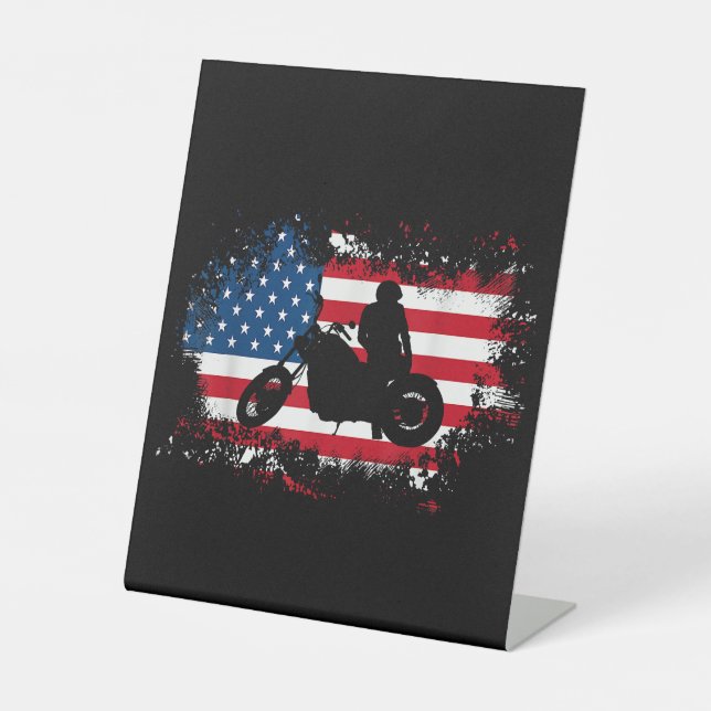American US Flag Motorcycle Funny Sport Lover Pedestal Sign (Front)