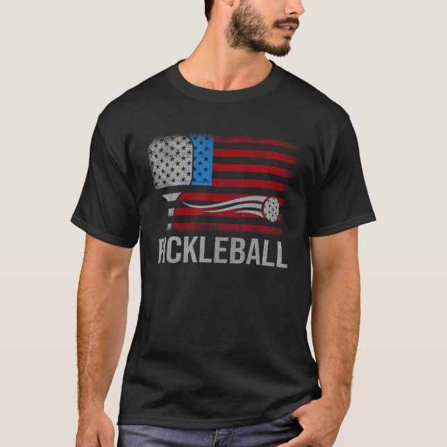 American US Flag Pickleball Player Paddleball 4th  T-Shirt (Front)