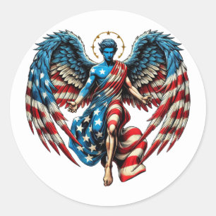American USA Flag Angel Man Patriotic Art Classic Round Sticker