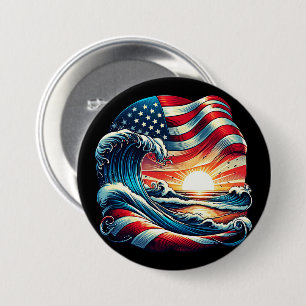 American USA Flag Beach Wave Sunset Patriotic Art 7.5 Cm Round Badge