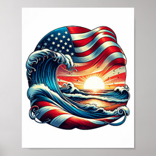 American USA Flag Beach Wave Sunset Patriotic Art Poster