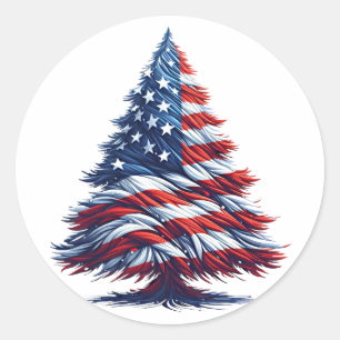 American USA Flag Christmas tree Patriotic Art Classic Round Sticker