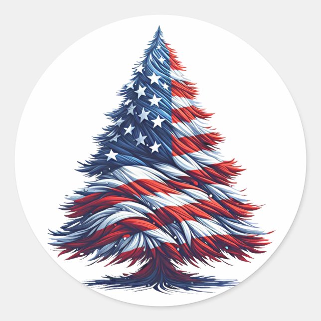 American USA Flag Christmas tree Patriotic Art Classic Round Sticker (Front)