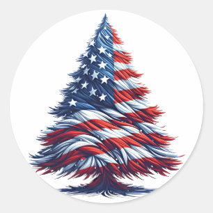 American USA Flag Christmas tree Patriotic Art Classic Round Sticker