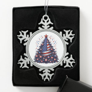 American USA Flag Christmas tree Patriotic Art Snowflake Pewter Christmas Ornament