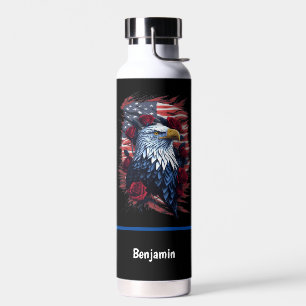 American USA Flag Eagle Roses Red White Blue Water Bottle
