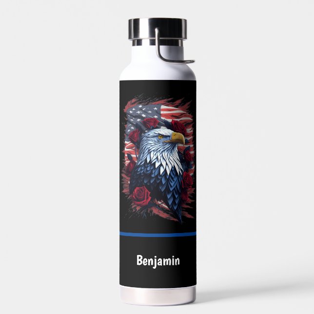 American USA Flag Eagle Roses Red White Blue Water Bottle (Left)