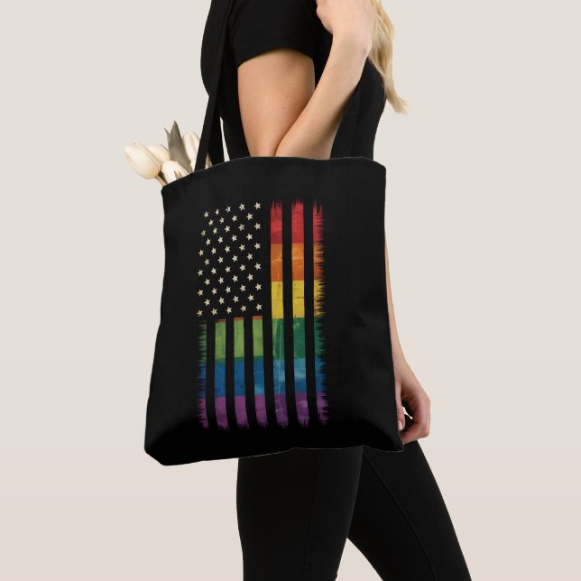 American USA Flag Rainbow Pride Gay Lesbian LGBTQ Tote Bag (Close Up)