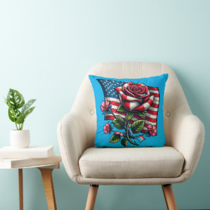 American USA Flag rose Patriotic Art Cushion