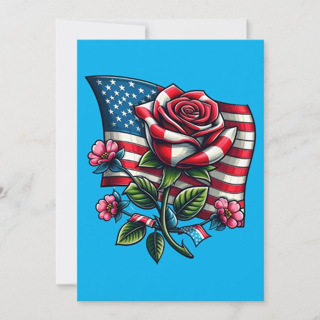 American USA Flag rose Patriotic Art Holiday Card (Front)