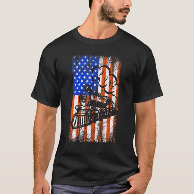 American Usa Flag Train 4th Of July Patriotic Retr T-Shirt (Front)