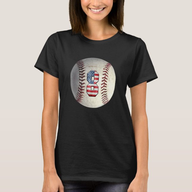 American USA Flag With Retro 8 Baseball Number 8 V T-Shirt (Front)