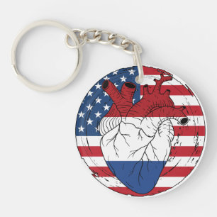 American USA Koningsdag Dutch Netherlands Heart Key Ring