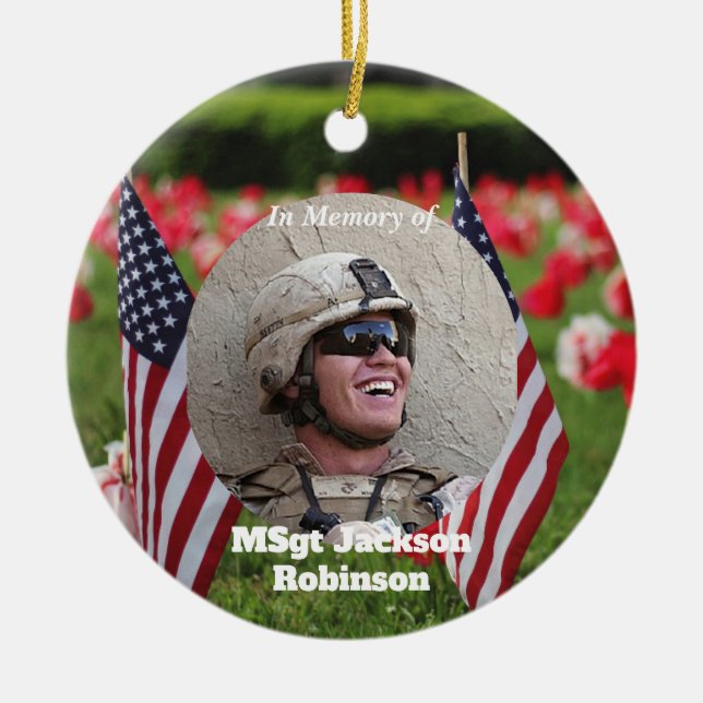  American Veteran Flags and Poppies  Ceramic Tree Decoration (Front)