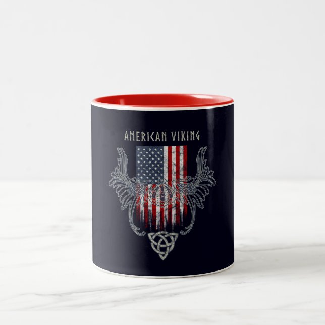 American Viking. Flag, Distressed, Celtic Helmet Two-Tone Coffee Mug (Center)