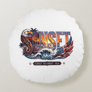 American Vintage Eagle & Flag "SUNSET" Wave Round Cushion