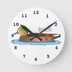 American wigeon bird cartoon illustration round clock