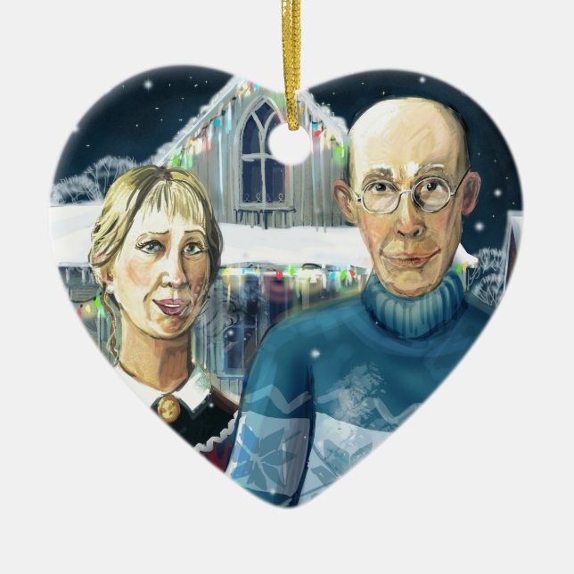 American winter - Grant Wood parody Ceramic Tree Decoration (Front)