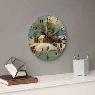 American Winter Life Christmas Scene Large Clock