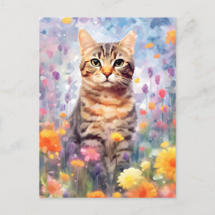 American wirehair cat colourful watercolor artwork postcard