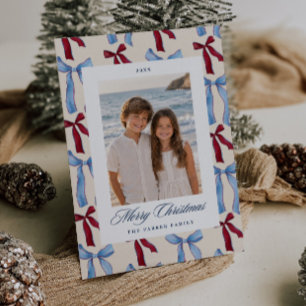 Americana Bow Pattern Merry Christmas Photo Holiday Card