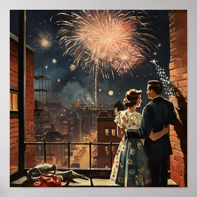Americana Couple Watching Fireworks on New Year's  Poster (Front)