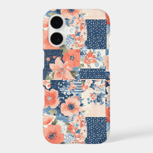 Americana Floral Patchwork Quilt in Navy and Coral