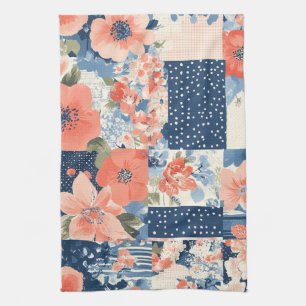 Americana Floral Patchwork Quilt in Navy and Coral Tea Towel
