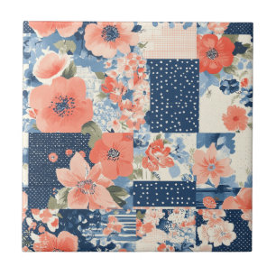 Americana Floral Patchwork Quilt in Navy and Coral Tile