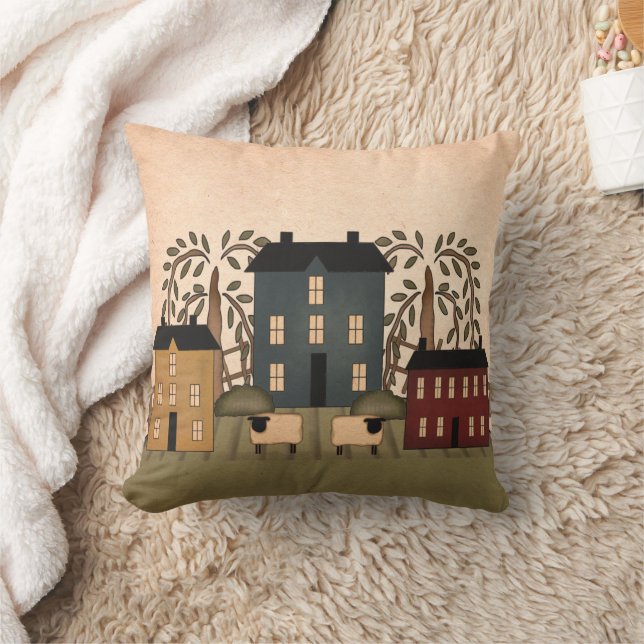 Americana Folk Art Houses Pillow (Blanket)