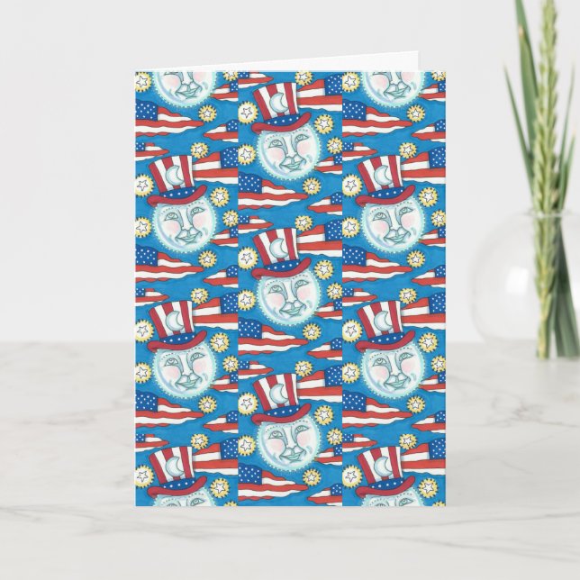 AMERICANA FOLK ART PATRIOTIC MAN IN THE MOON Blank Holiday Card (Front)