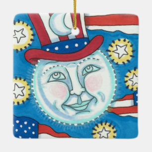 AMERICANA FOLK ART PATRIOTIC MAN IN THE MOON CERAMIC ORNAMENT