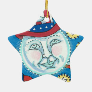 AMERICANA FOLK ART PATRIOTIC MAN IN THE MOON CERAMIC TREE DECORATION