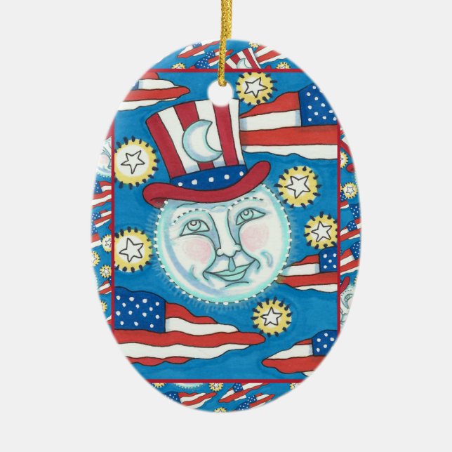 AMERICANA FOLK ART PATRIOTIC MAN IN THE MOON CERAMIC TREE DECORATION (Front)