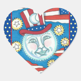 AMERICANA FOLK ART PATRIOTIC MAN IN THE MOON HEART STICKER