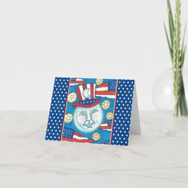 AMERICANA FOLK ART PATRIOTIC MAN IN THE MOON HOLIDAY CARD (Front)