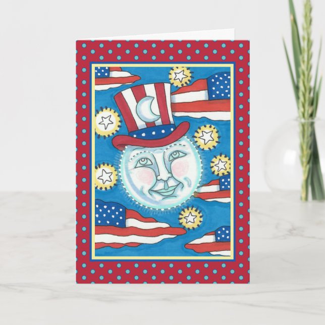 AMERICANA FOLK ART PATRIOTIC MAN IN THE MOON HOLIDAY CARD (Front)