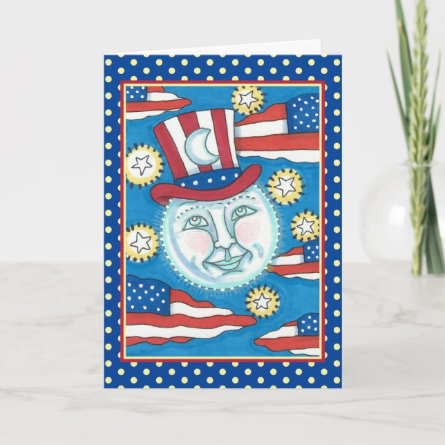 AMERICANA FOLK ART PATRIOTIC MAN IN THE MOON HOLIDAY CARD (Front)