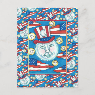 AMERICANA FOLK ART PATRIOTIC MAN IN THE MOON HOLIDAY POSTCARD