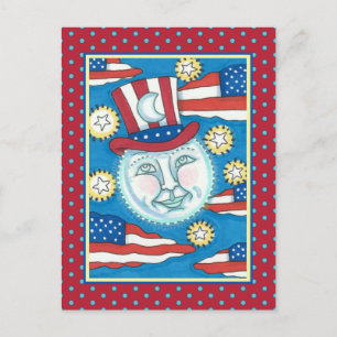 AMERICANA FOLK ART PATRIOTIC MAN IN THE MOON HOLIDAY POSTCARD