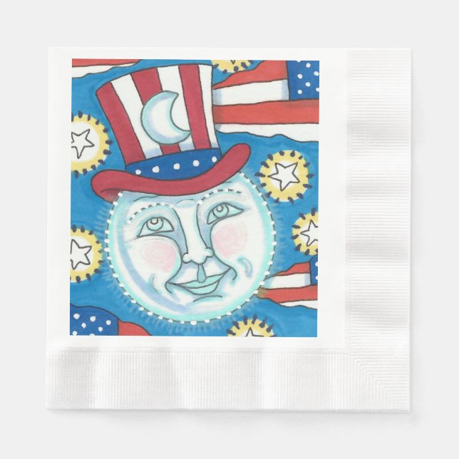 AMERICANA FOLK ART PATRIOTIC MAN IN THE MOON NAPKIN (Front)