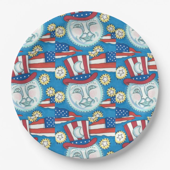 AMERICANA FOLK ART PATRIOTIC MAN IN THE MOON PAPER PLATE (Front)